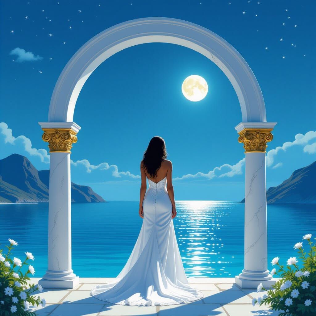 Woman Beneath Archway Overlooking Calm Sea