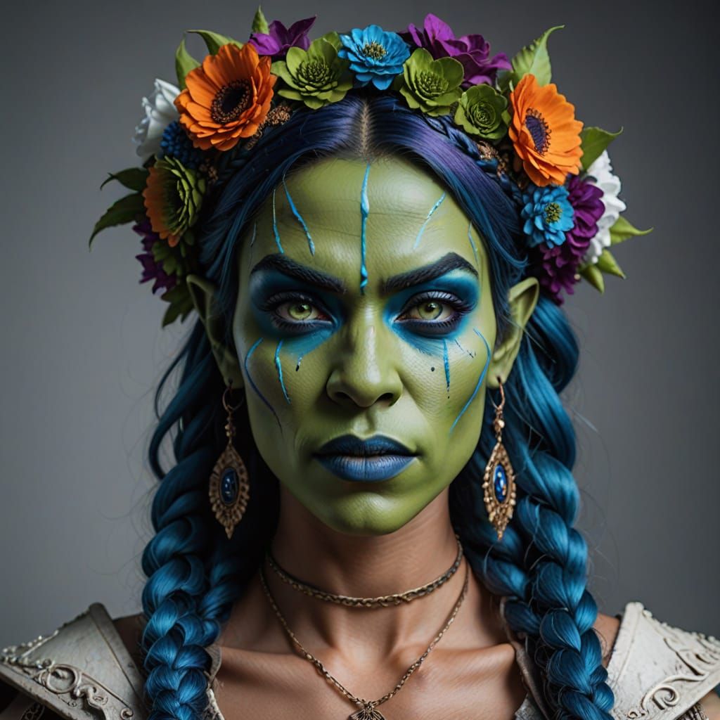 Stunning Green-Skinned Orc Girl Portrait in Vibrant Colors