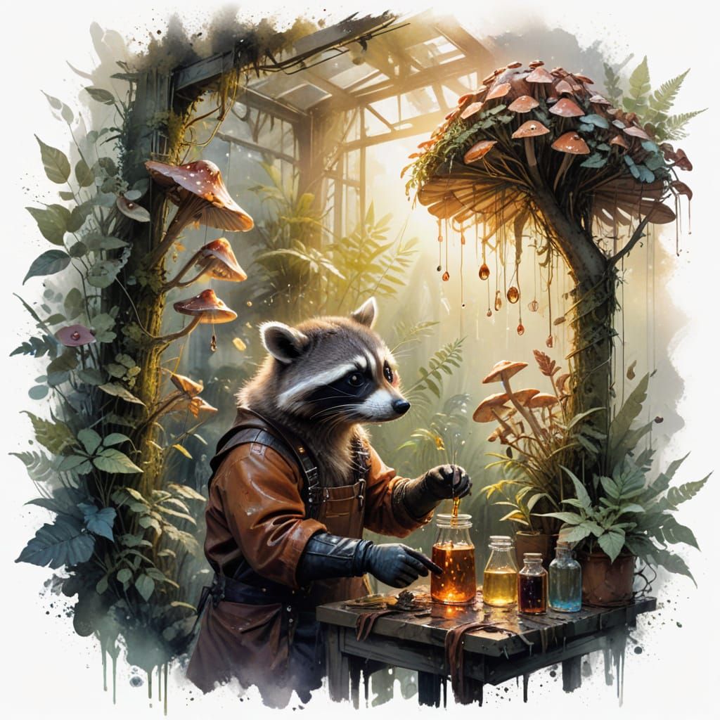 Raccoon Alchemist in Mossy Greenhouse: Watercolor Style