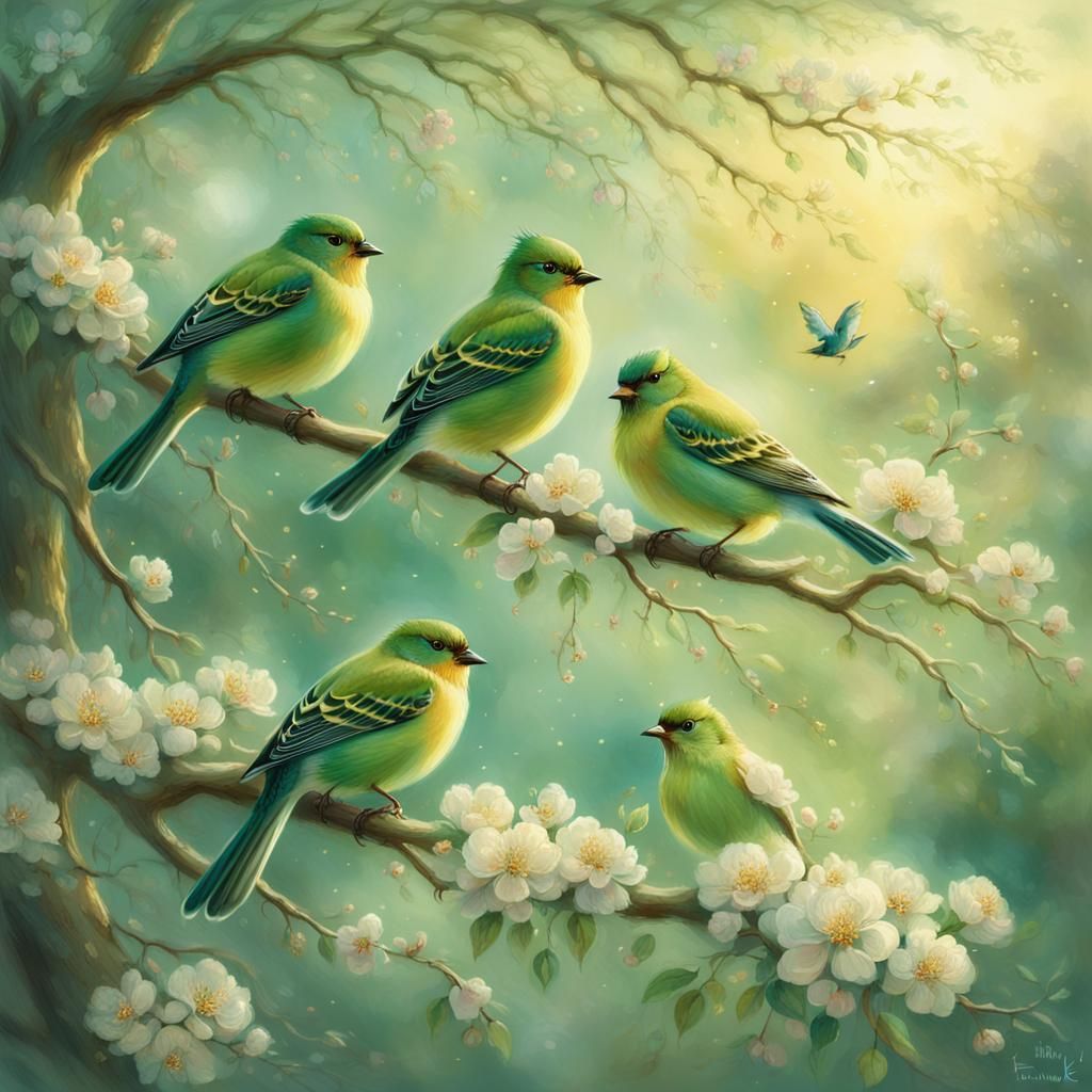 Whimsical Fantasy Scene with Green Birds in Bloom