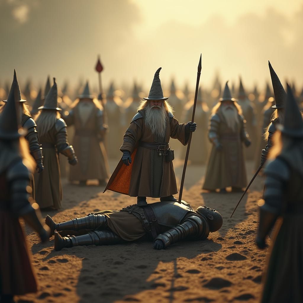 Tiny Wizard Triumphant on Fallen Knight