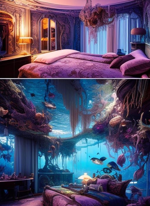 Bioluminescent Underwater Bedroom: Hyperdetailed Digital Art