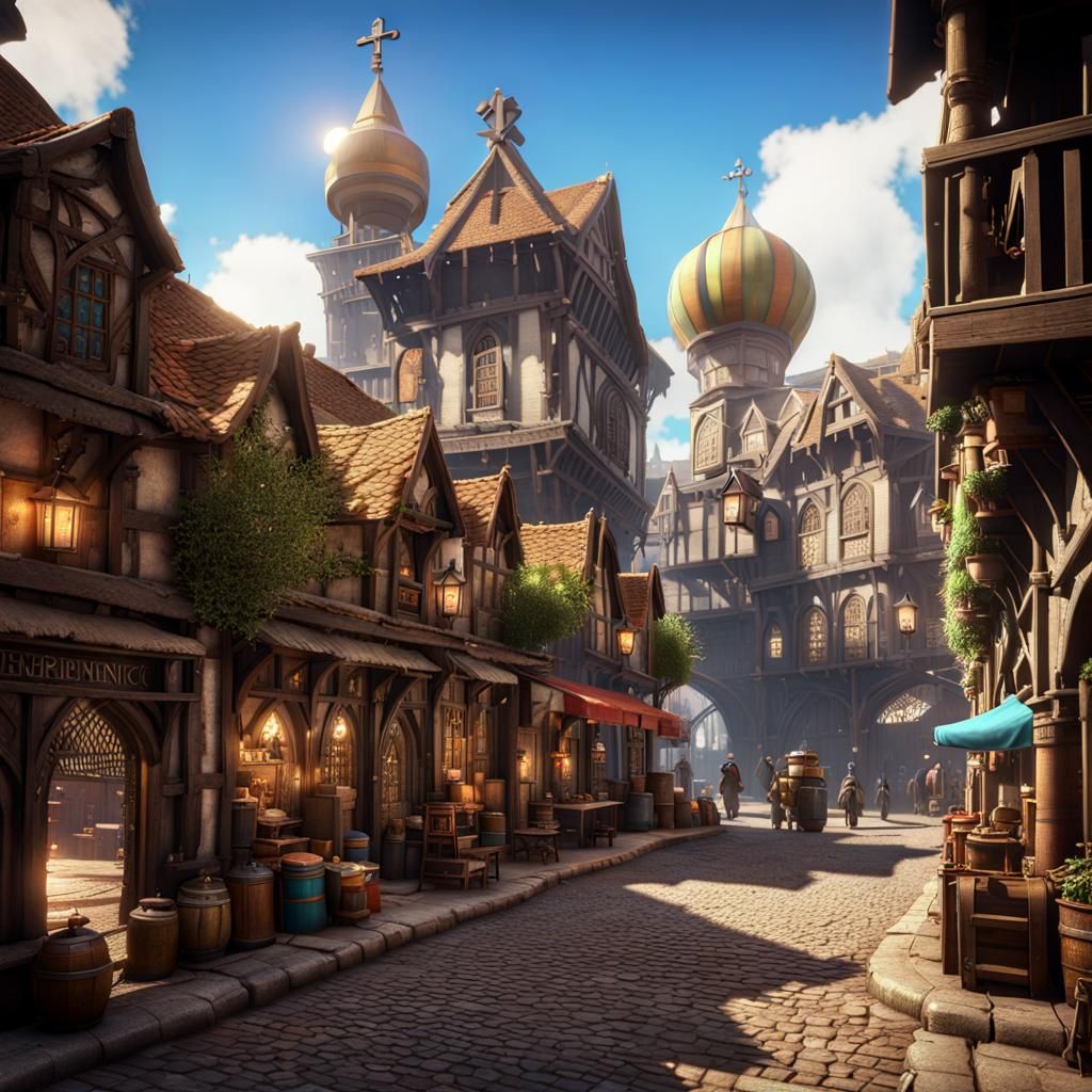Lively Street Scene in Ankh-Morpork, 3D Render