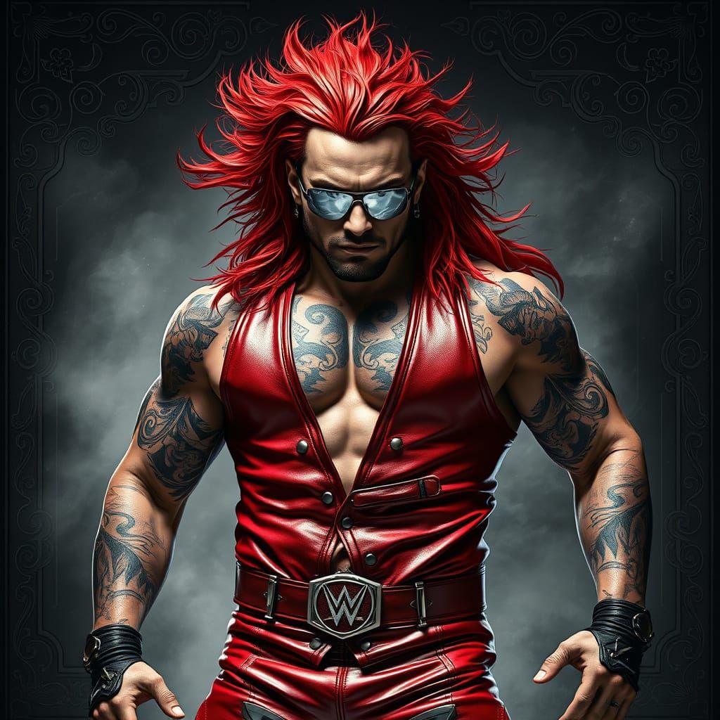 Heroic Wrestler in Crimson Hair and Tribal Tattoos, Dark Fan...