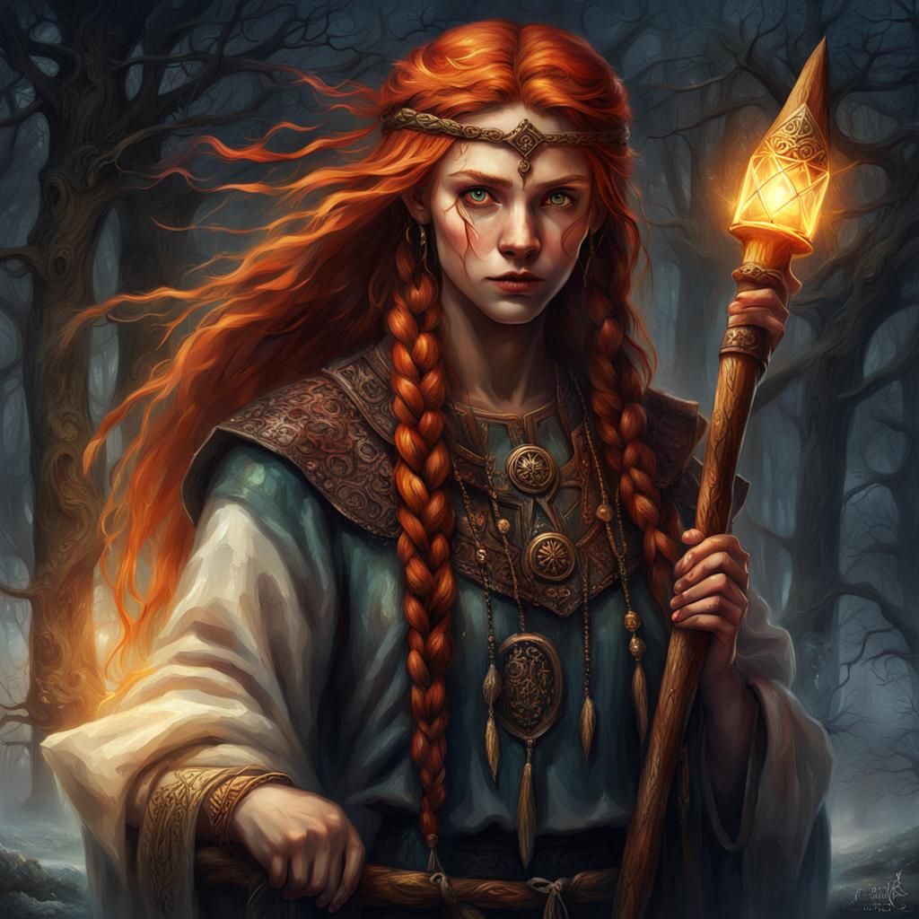 Slavic Priestess with Oak Staff: Fantasy Concept Art