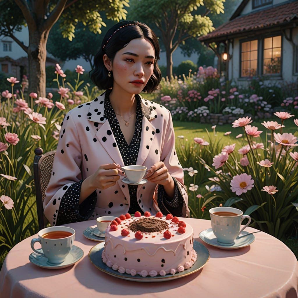 Dalmatians and Woman Have Tea Party as Oil Painting