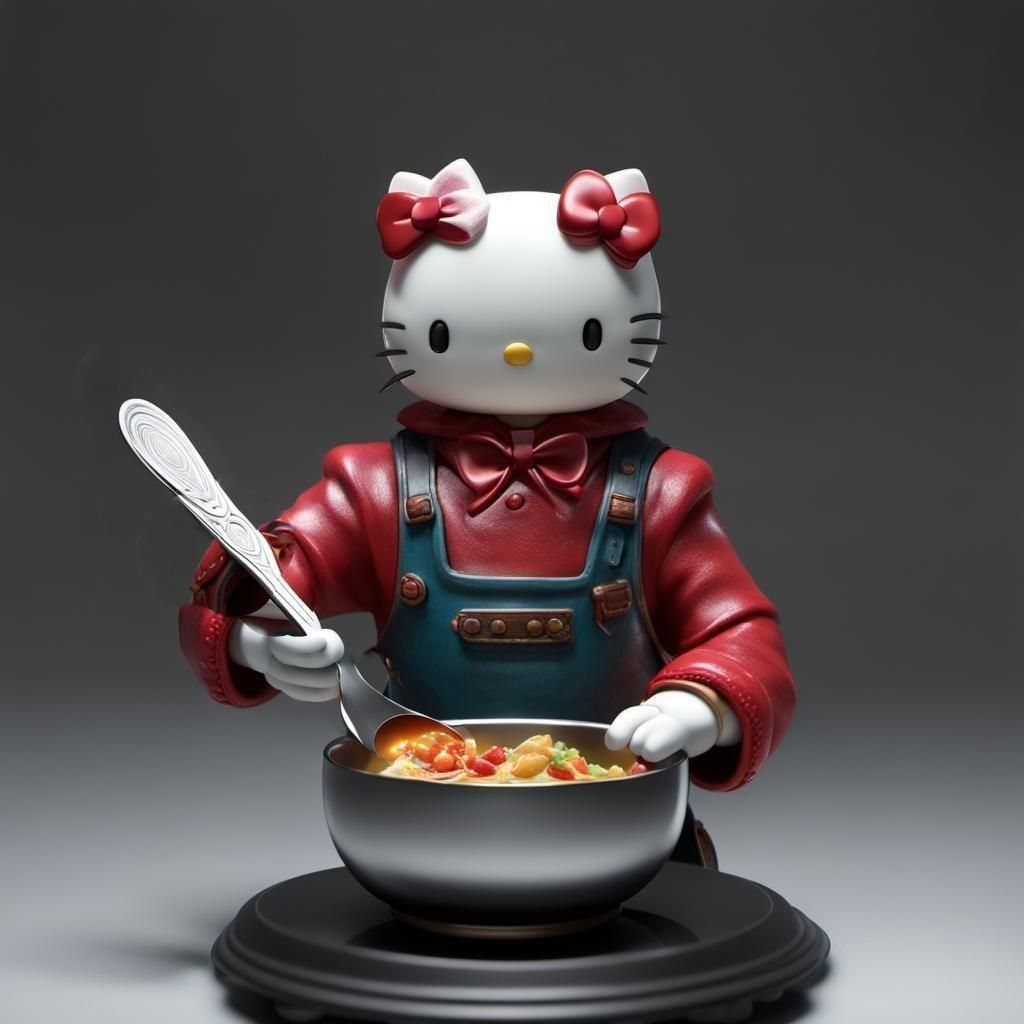 Hello Kitty eating mac and cheese with a large spoon.