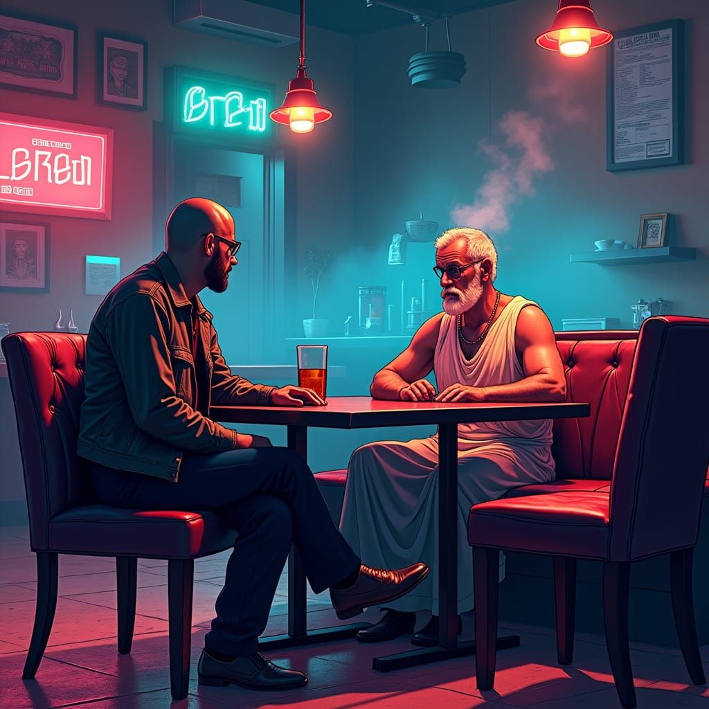 Pinkman and Socrates in Retro Cyberpunk Cafe
