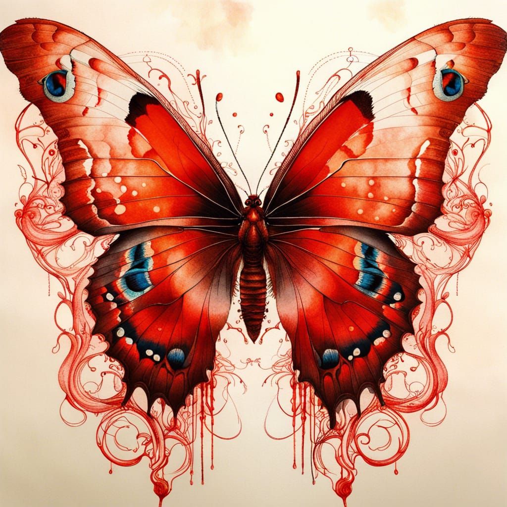 Intricate Red Ink Rorschach Test with Hidden Butterfly