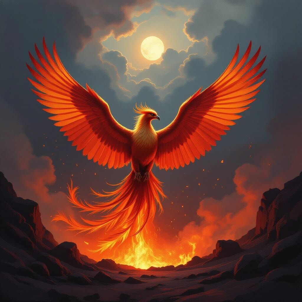 Phoenix Erupts From Volcano in Fiery Oil Painting