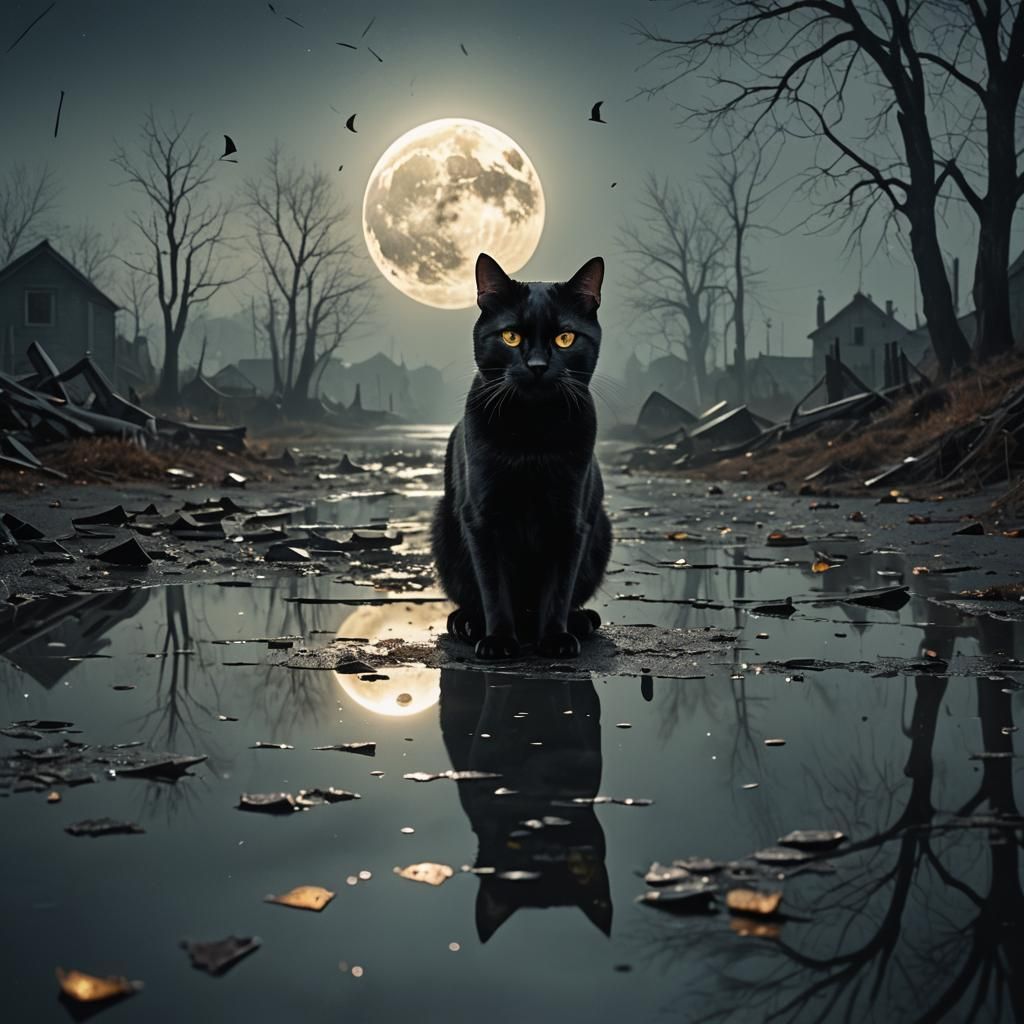 Ominous Black Cat Under Moonlight in Dark Surrealism