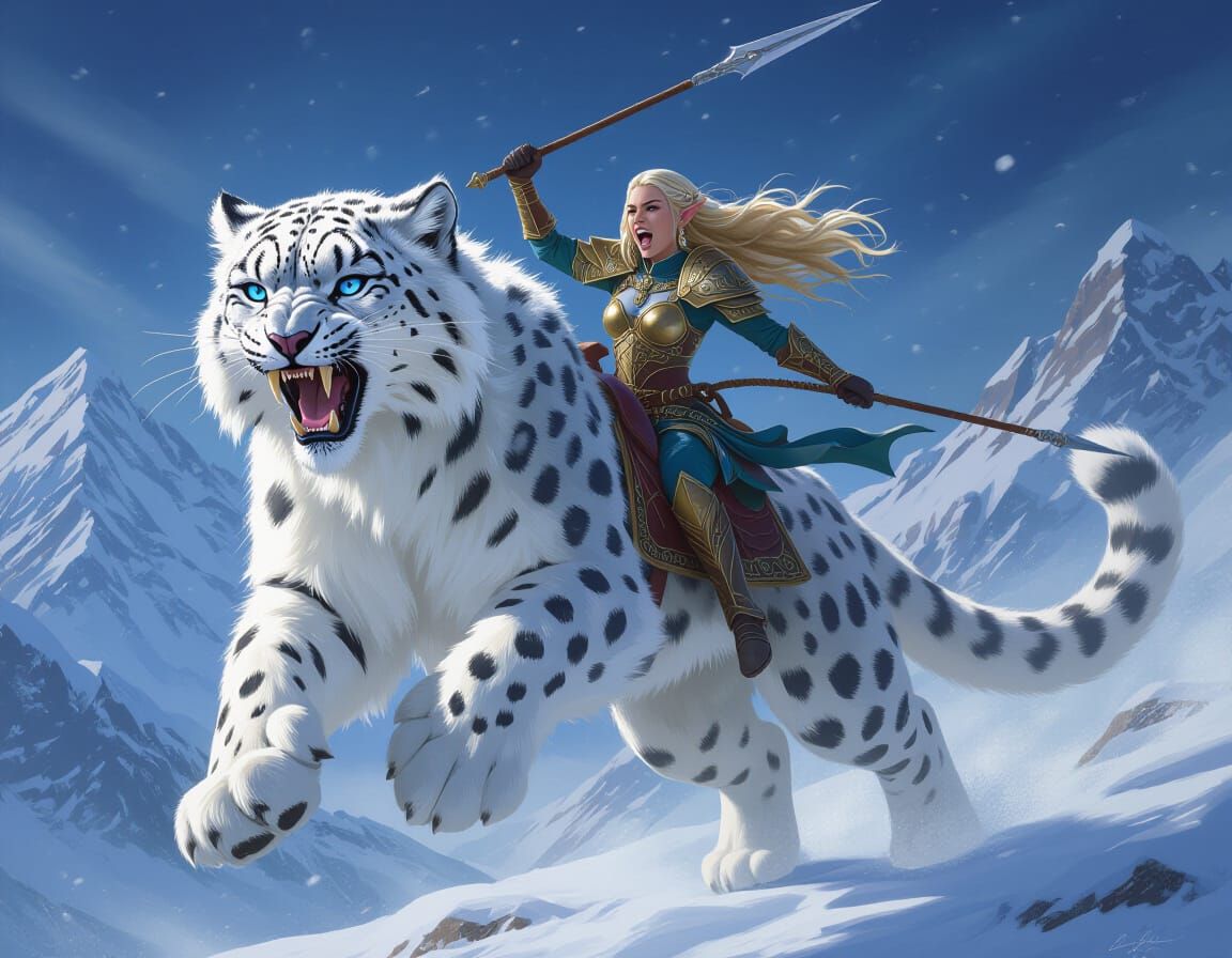 Elf Warrior Rides Snow Leopard in Epic Winter Battle