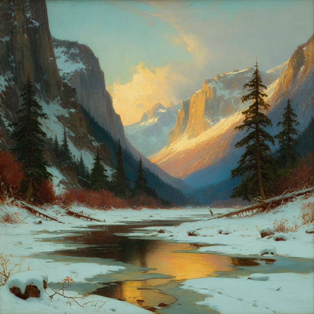 Serene Winter Valley: An Oil Painting