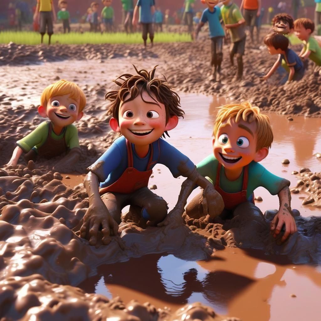 Boys Play in Mud: 3D Animated Scene