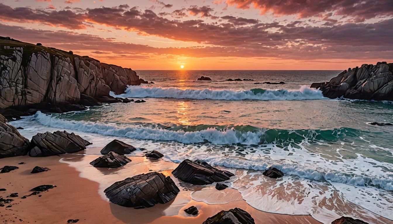 Beach Sunset in Brittany with Big Waves
