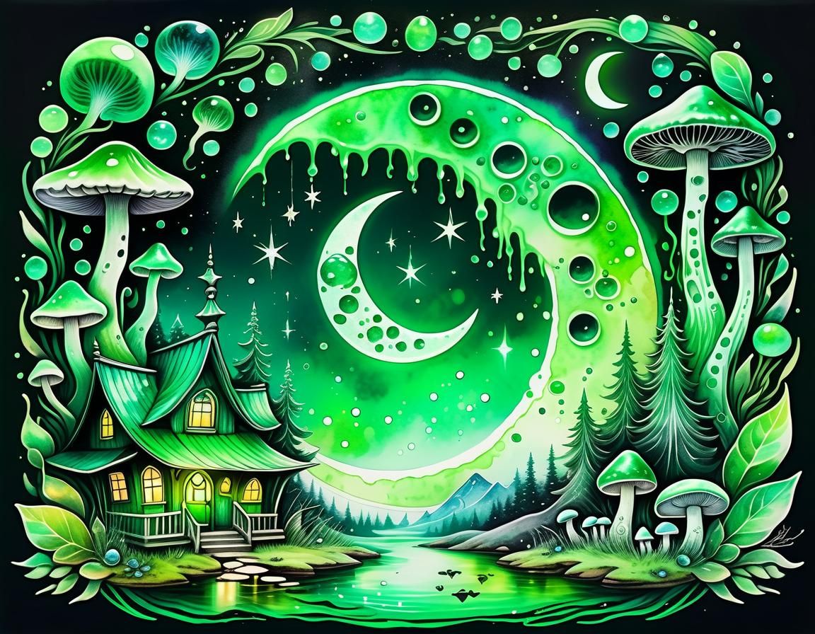 Vibrant Green Oasis in Pastel Goth Watercolour