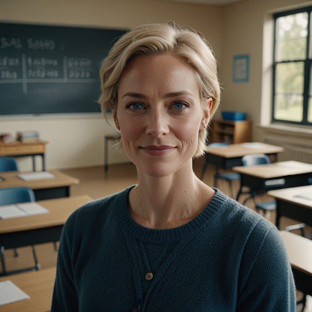 Hyperrealistic Portrait of a Kind Elementary Teacher