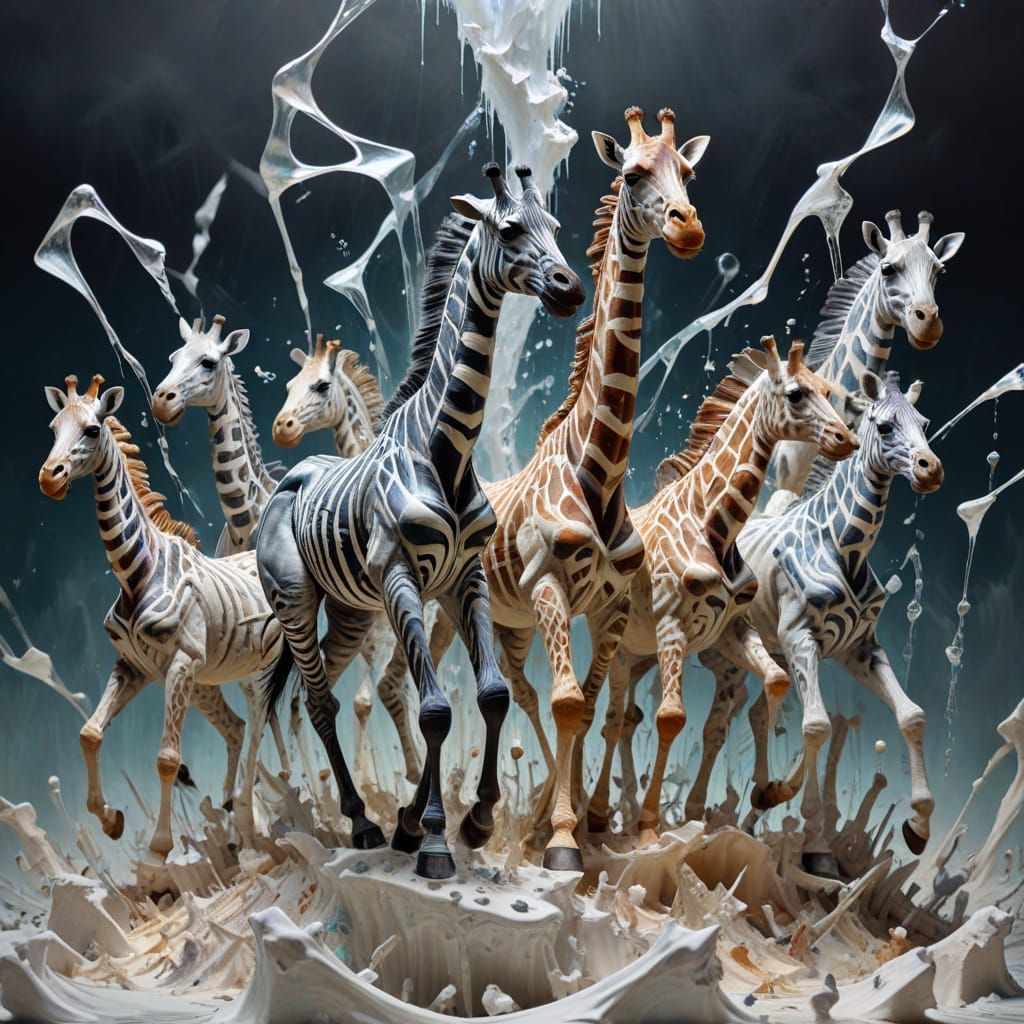 Surreal Abstract Scene with Spiders, Castles, and Animals