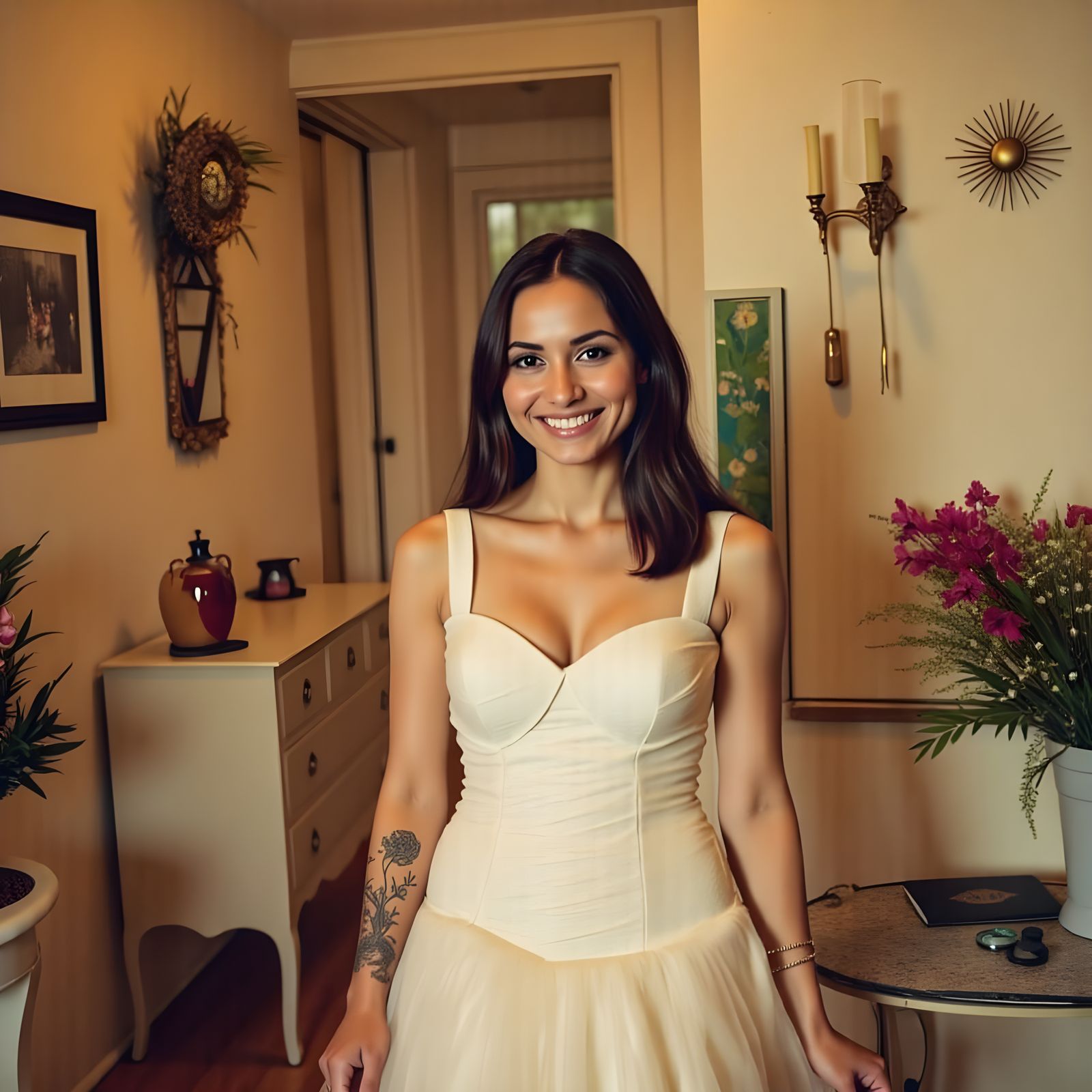 Retro 80s Portrait of Smiling Woman in Off-White Dress