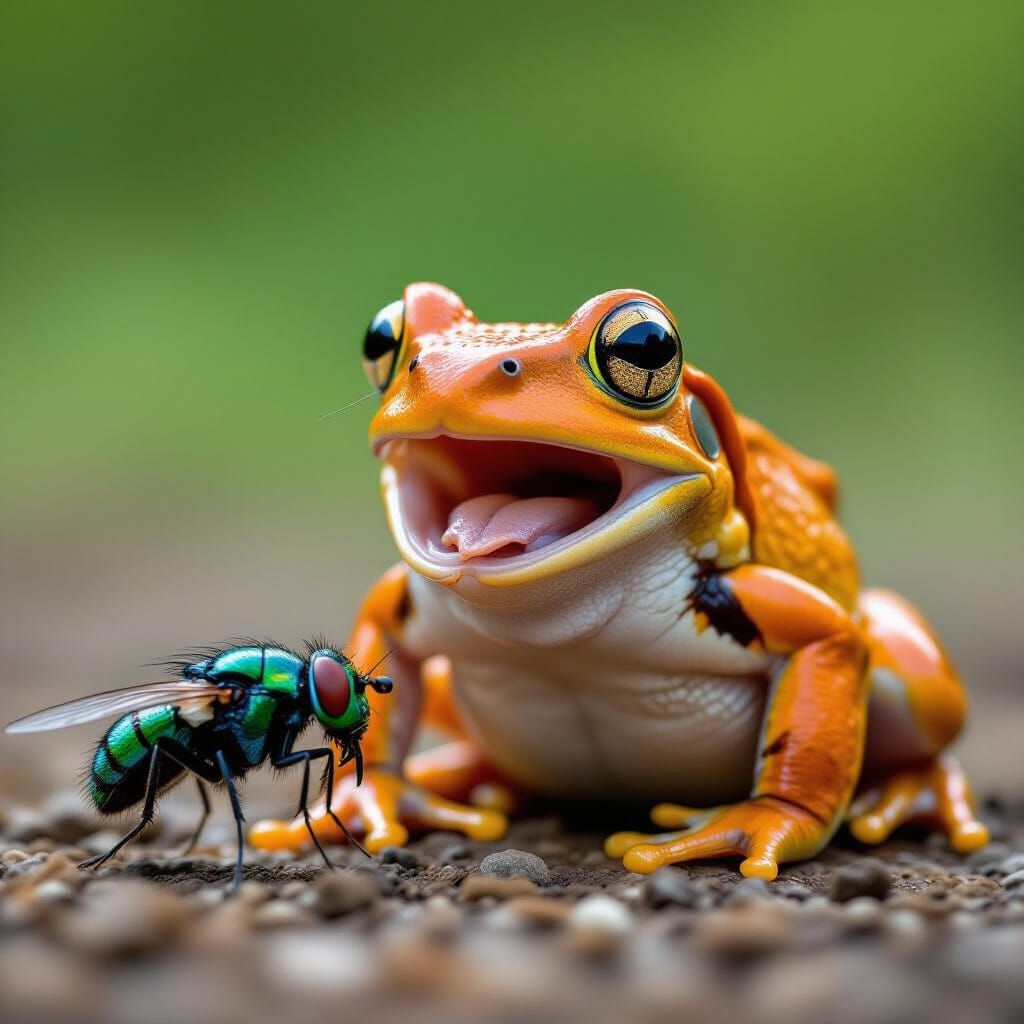 Orange Frog About to Eat a Fly: Macro Shot