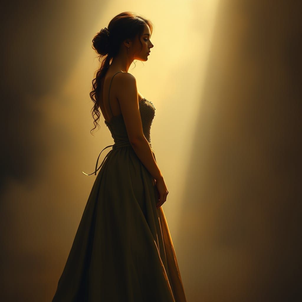 Contemplative Woman in Golden Light, Oil Painting Style