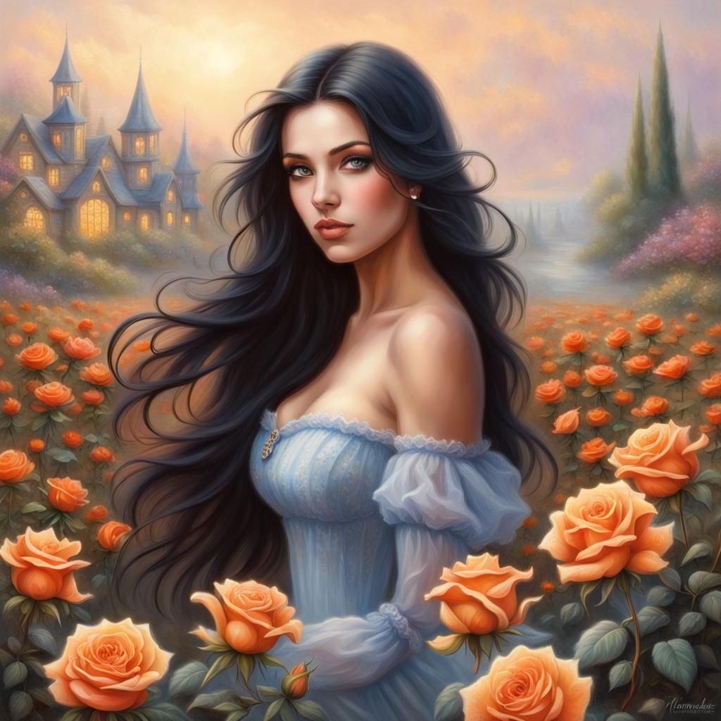 Ethereal Lady in a Hyperdetailed Rose Field