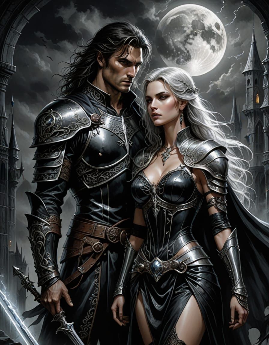 Dark Fantasy Warrior and Sorceress in Moonlit Gothic Scene