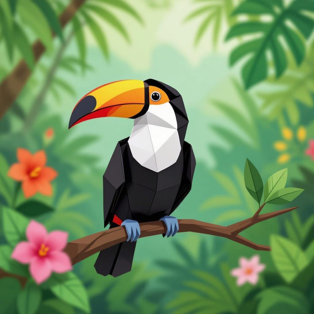 Origami Toucan in Lush Rainforest: Digital Art
