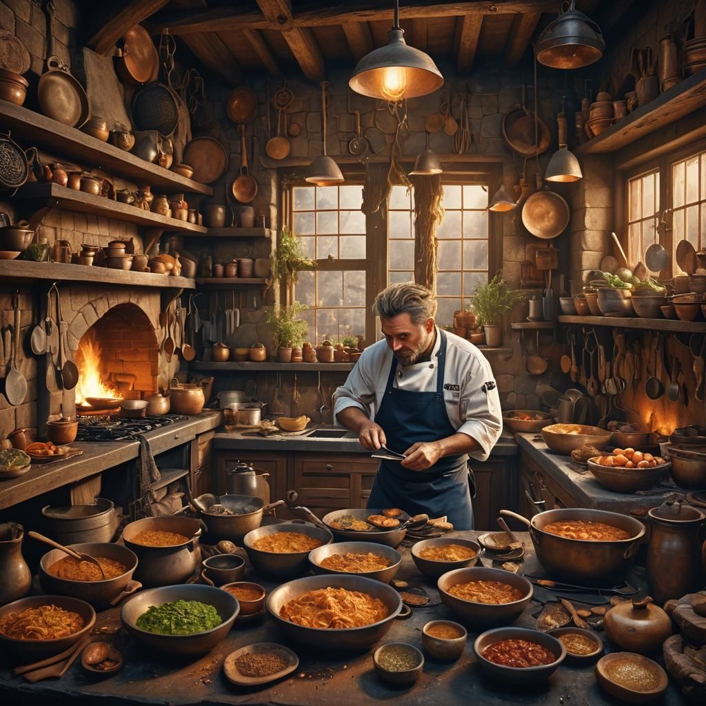 Culinary Chaos in Rustic Kitchen: Matte Painting