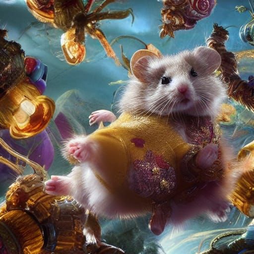 Baroque-Inspired Hamster in Zero-Gravity Space Adventure