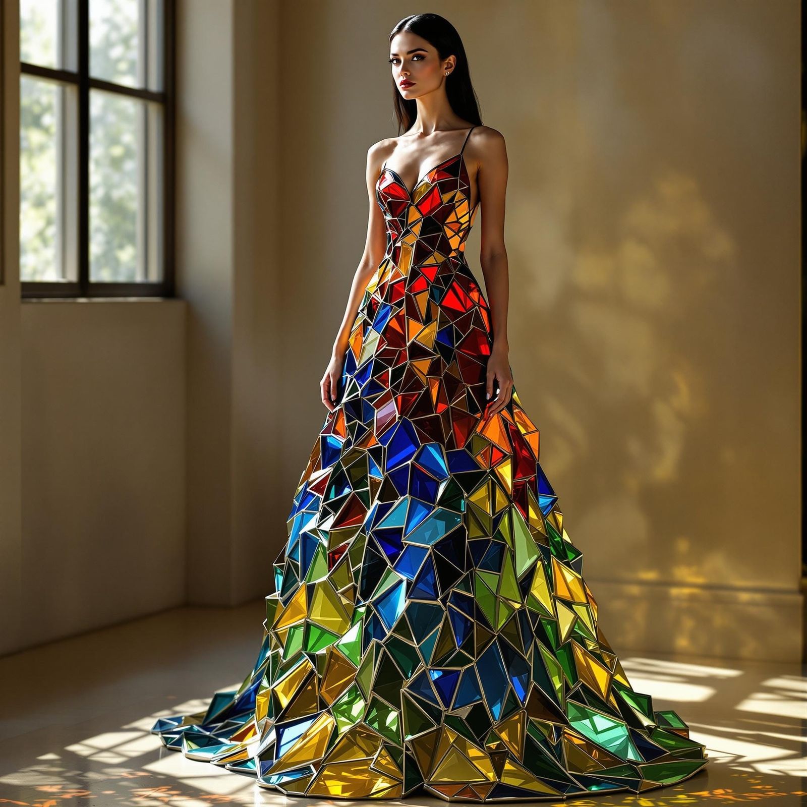 Photorealistic picture of a model woman wearing a dress made of stained glass. The model stands tall, sunlight catching ...