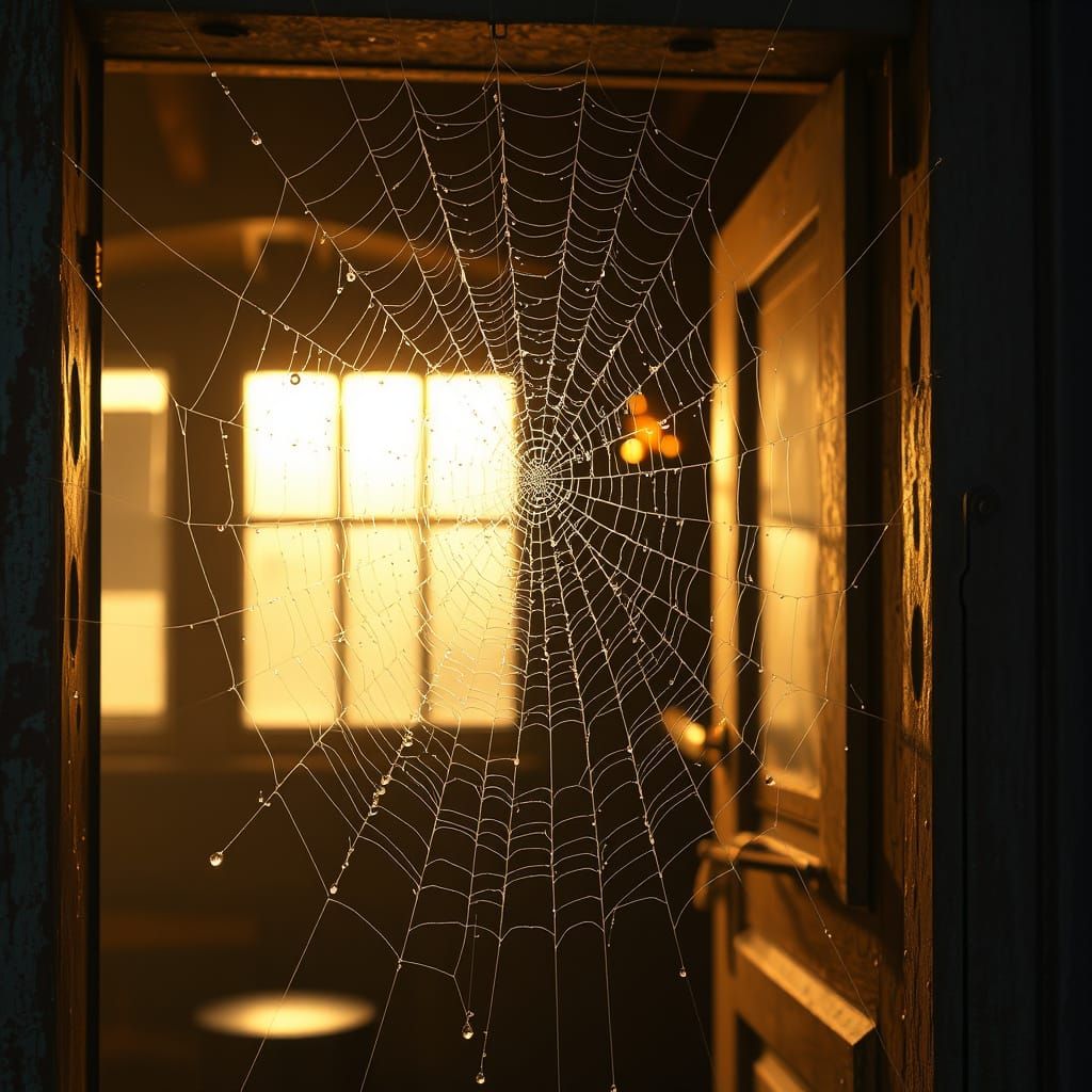 Dew Covered Spiderweb at Vintage Bar Doorway