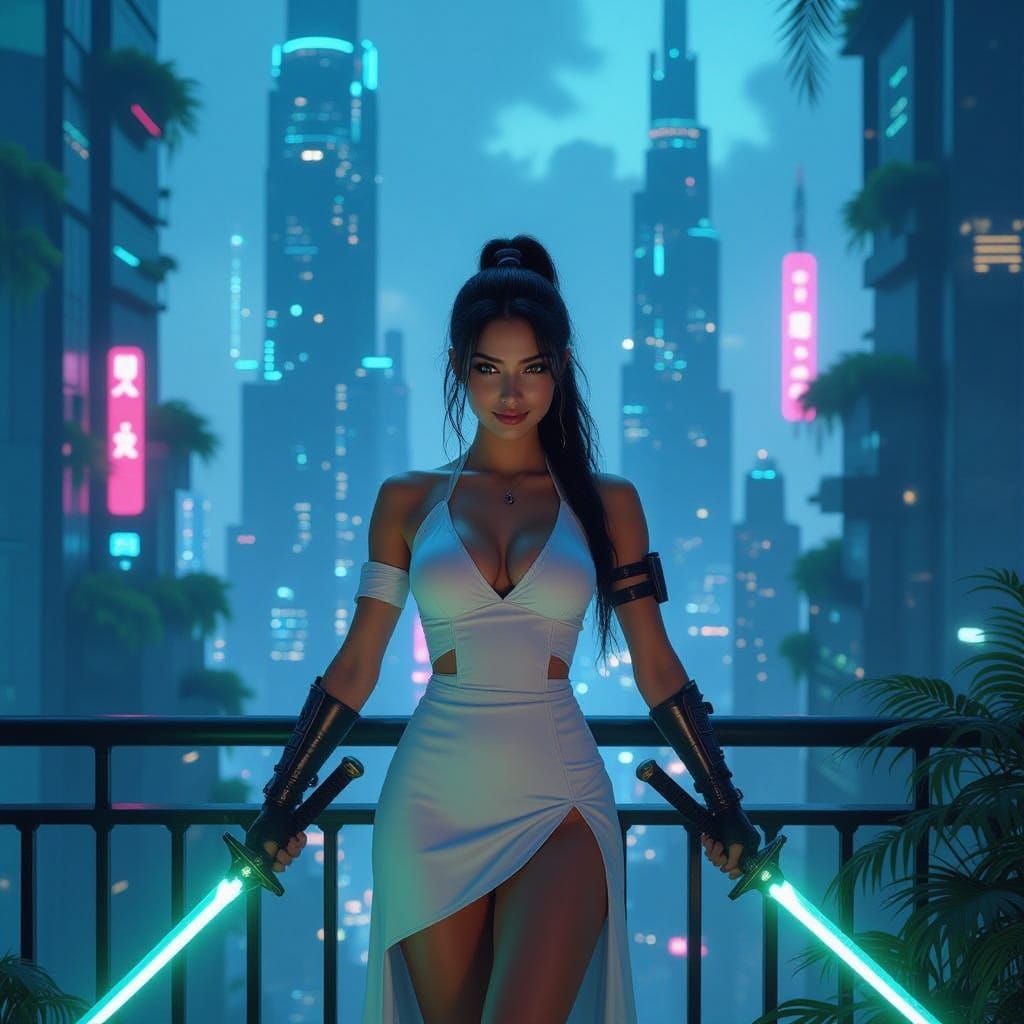 Cyberpunk Cityscape with Warrior Woman and Neon Lights