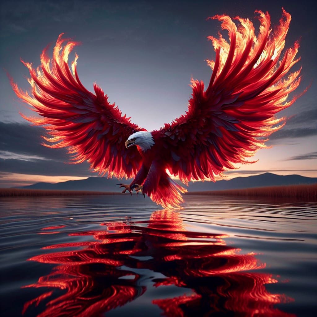 Fiery Eagle Descent on Tranquil Lake
