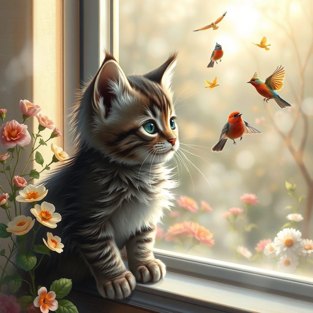 Gray Tabby Kitten Seeks Wonder in Springtime Garden