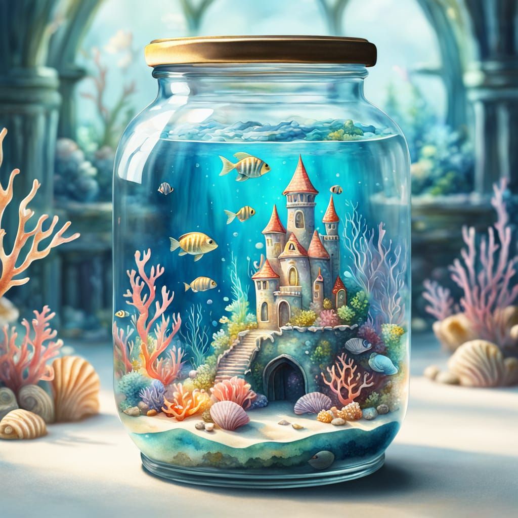 Underwater Kingdom in Glass Jar: Watercolor Painting
