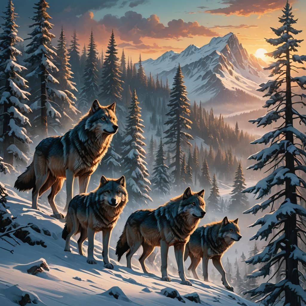 Wolves Roaming Snowy Mountains: Fantasy Concept Art
