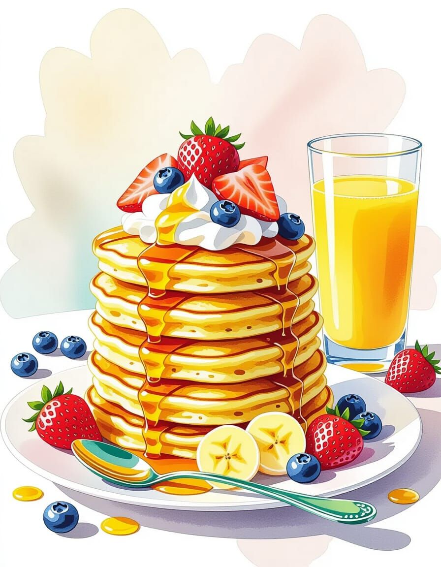 Rainbow Pancakes with Berries in Watercolor Style