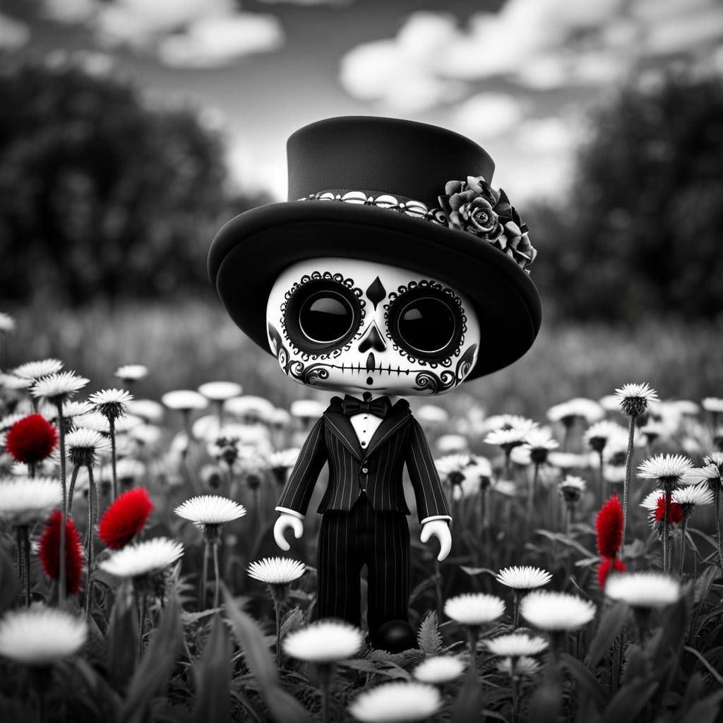 Chibi 3D male big eyed sugar skull Death goth doll , Black and white dandelion field, fairy in black and white strippe...