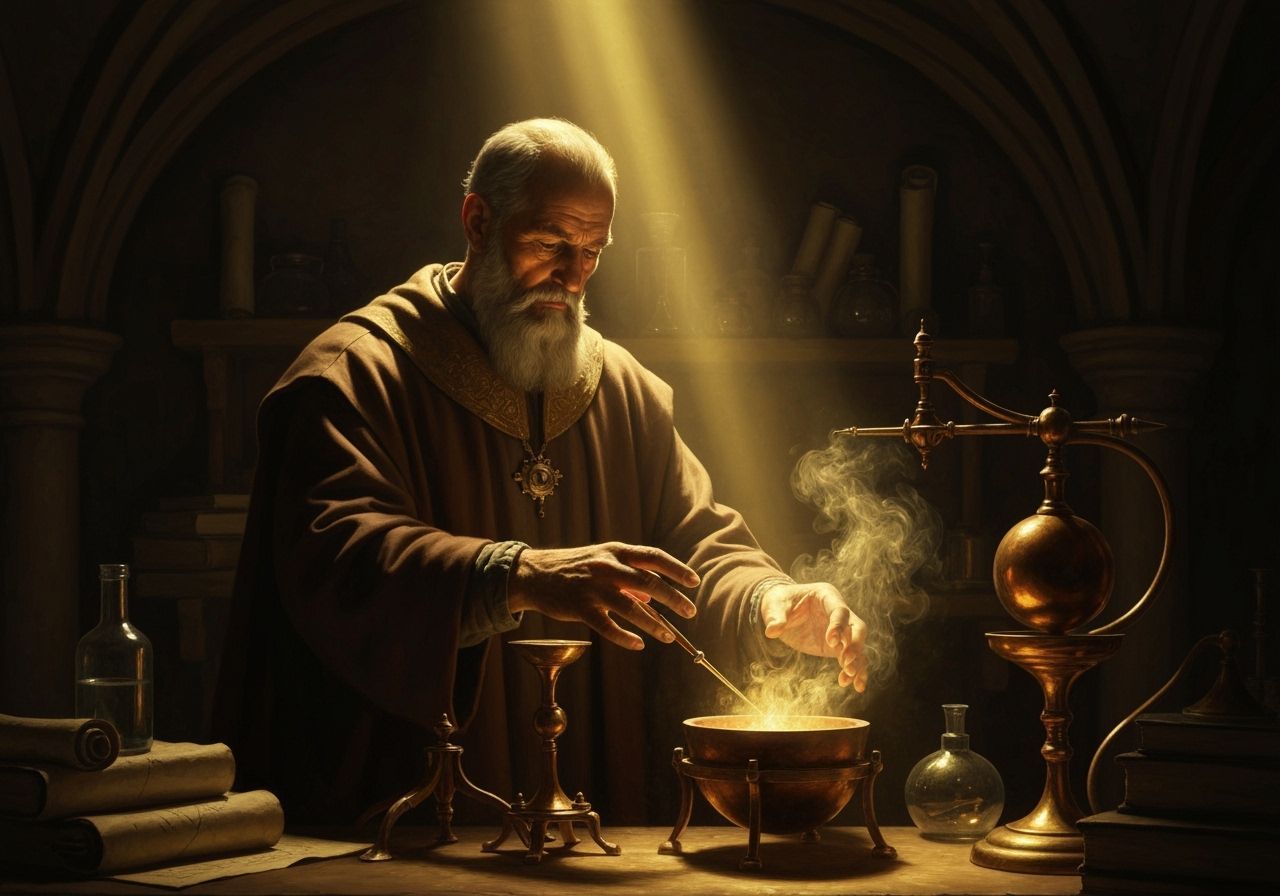Alchemist in Laboratory: Baroque Chiaroscuro Composition