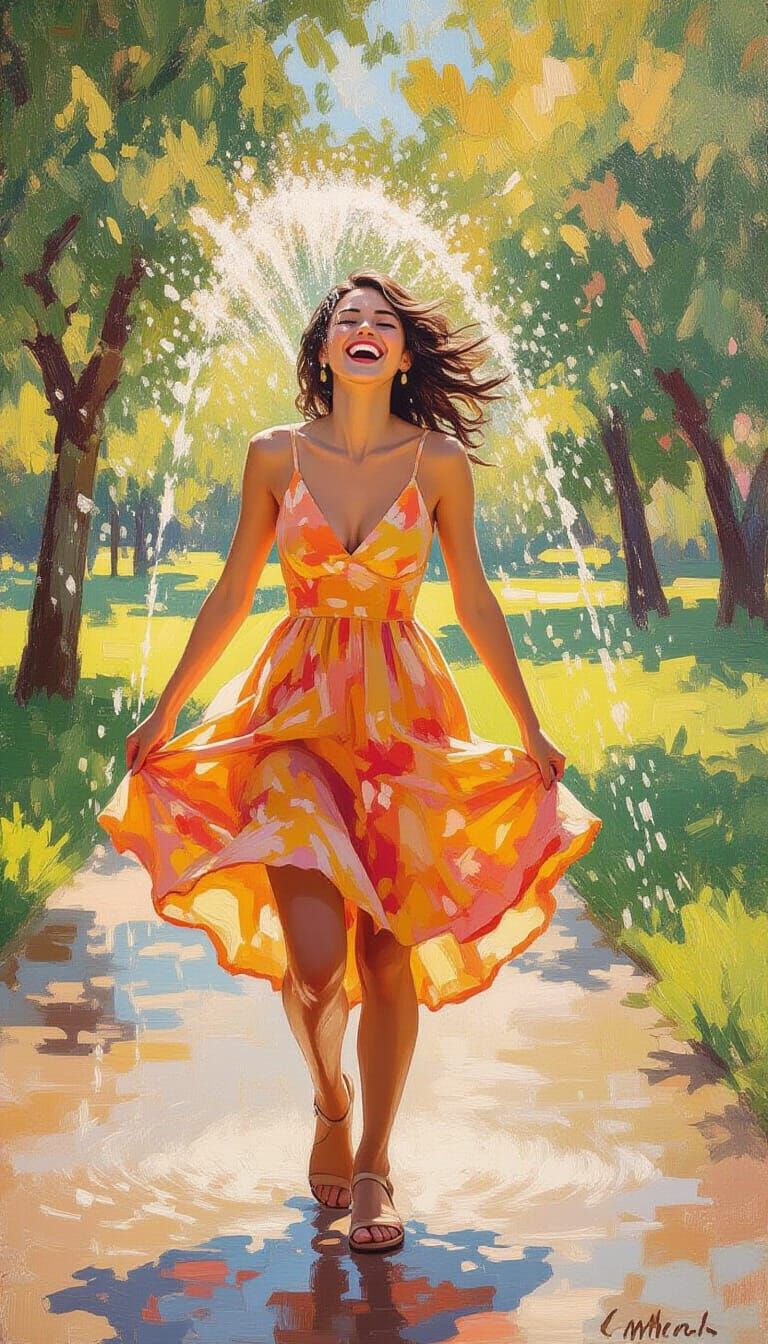 Woman Drenched by Sprinkler in Impressionist Style