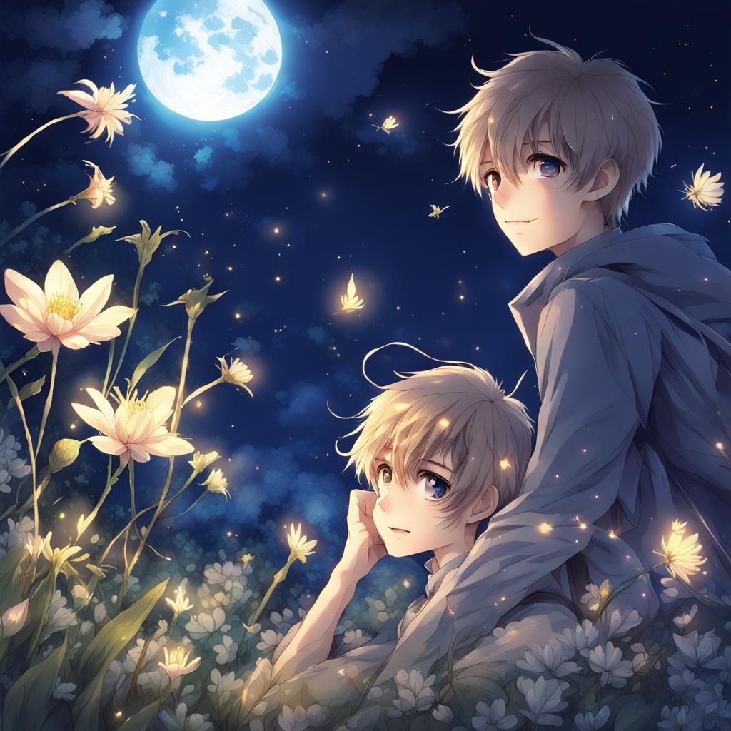 Magical Fairy Boy in Anime Style with Fireflies