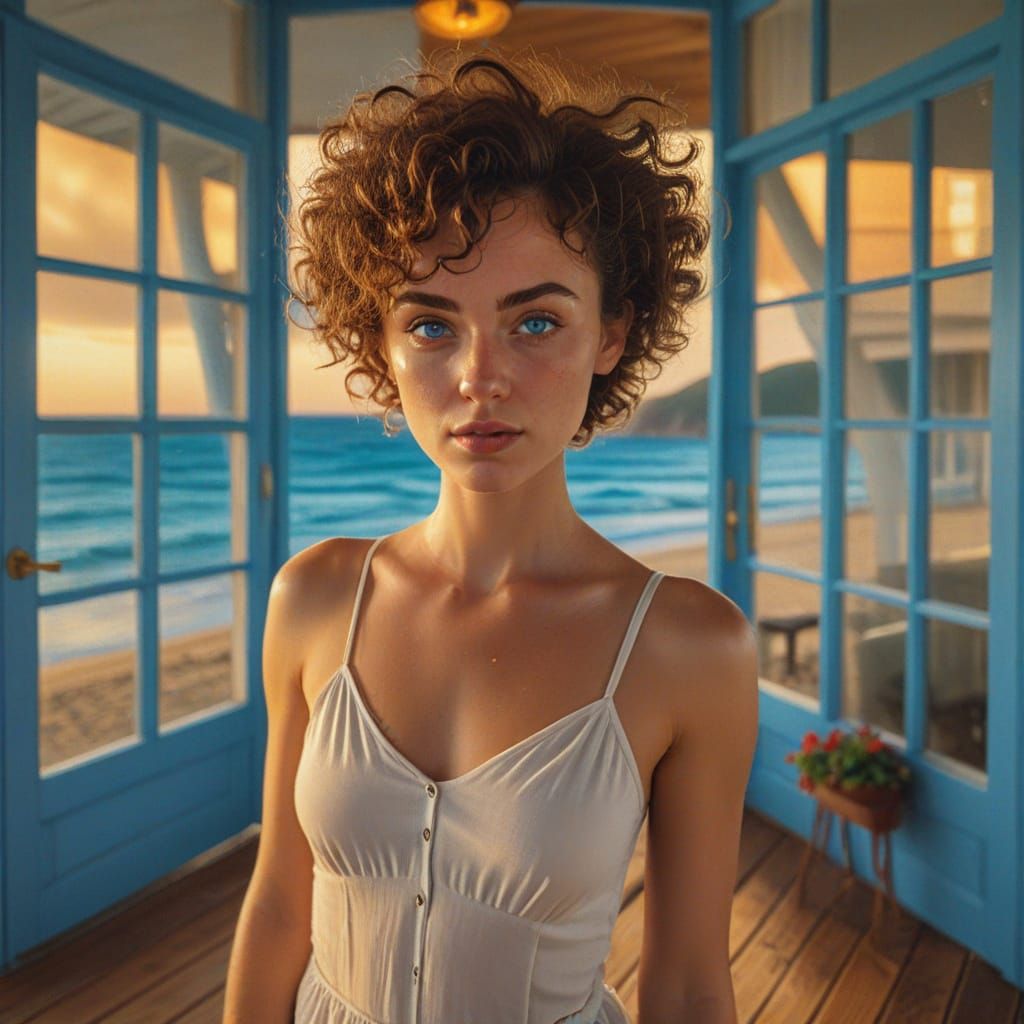 Hyperrealistic Beach House Woman in Golden Hour Lighting