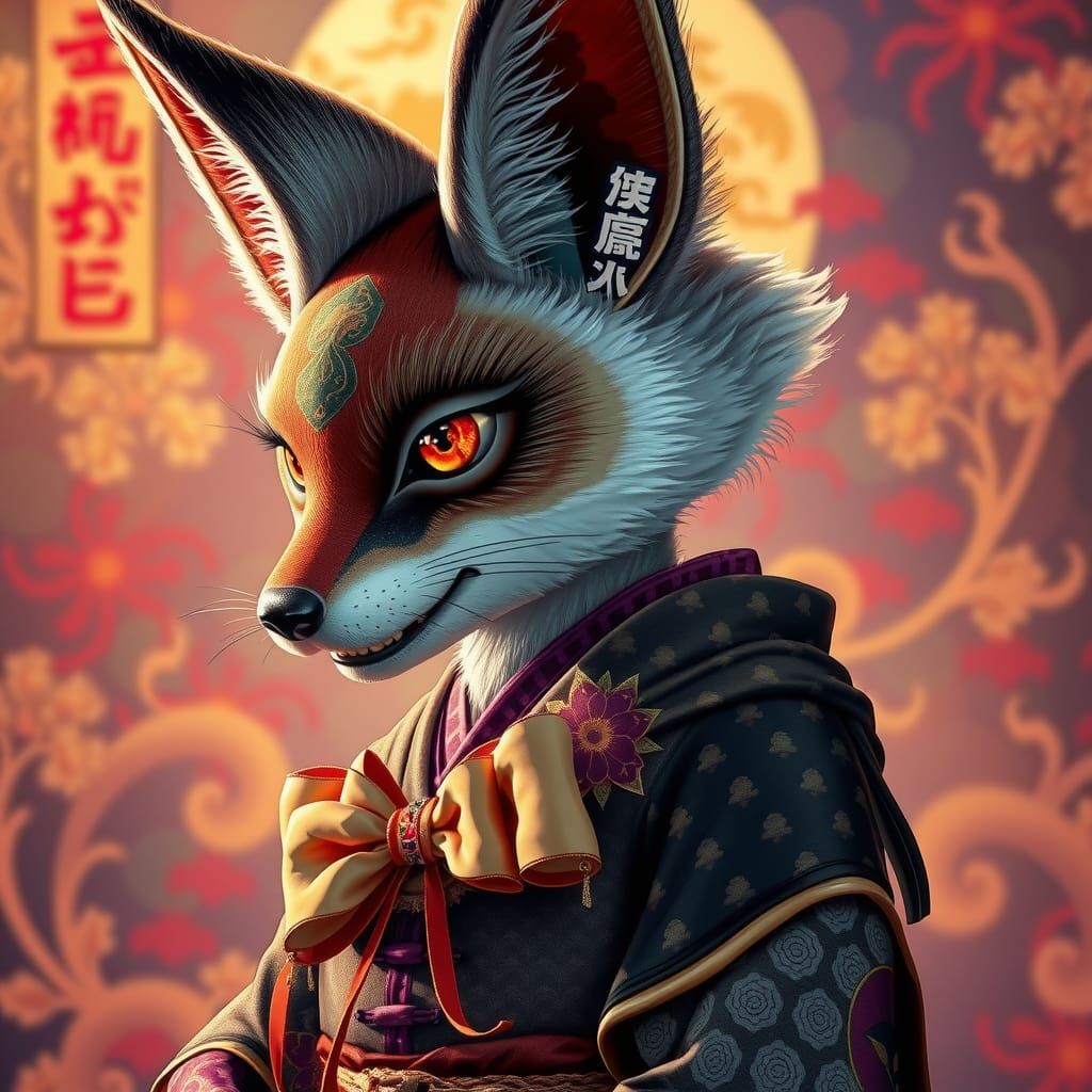 Detailed Kitsune with Bow in Japanese Style