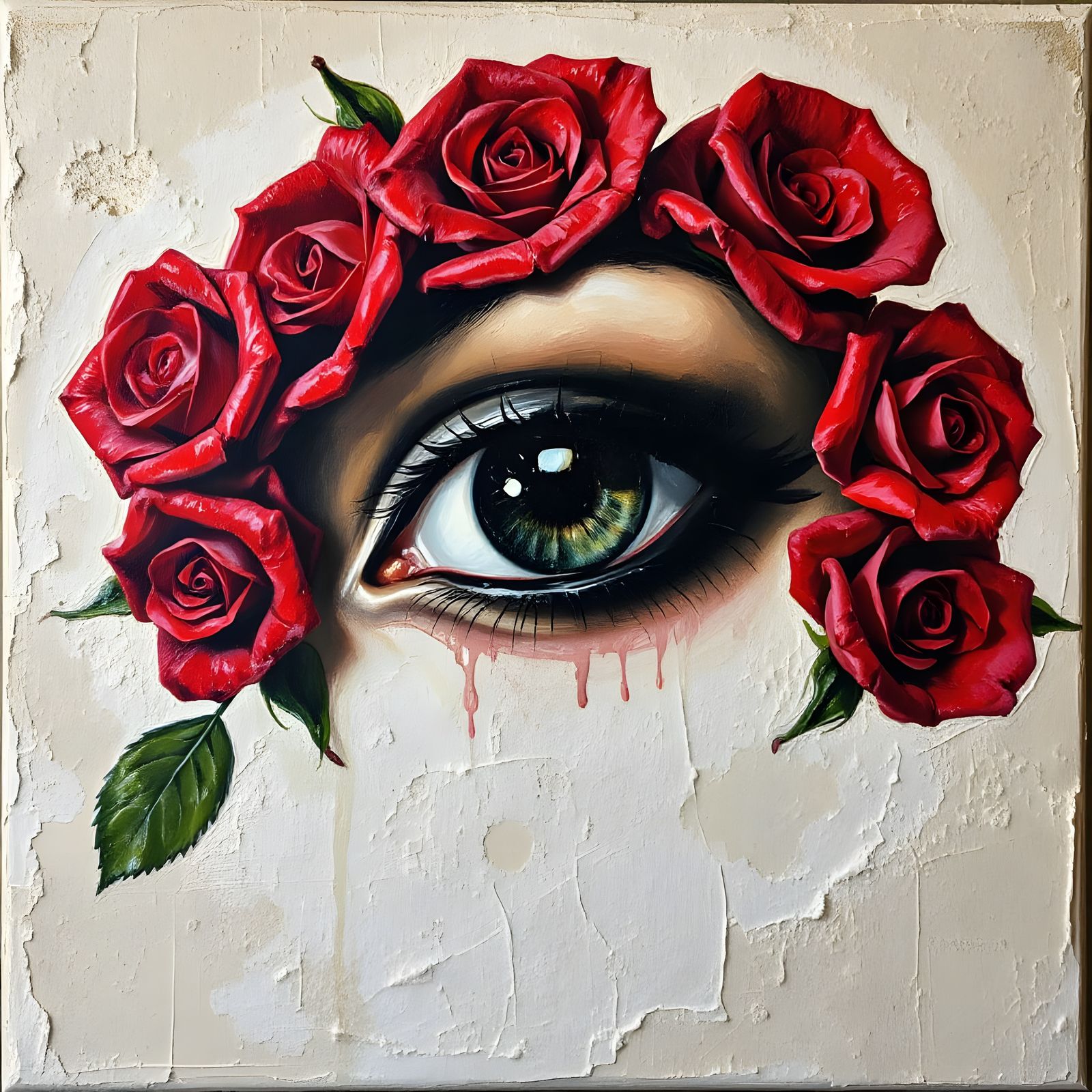 Elegant Eye with Roses Painted on Stucco