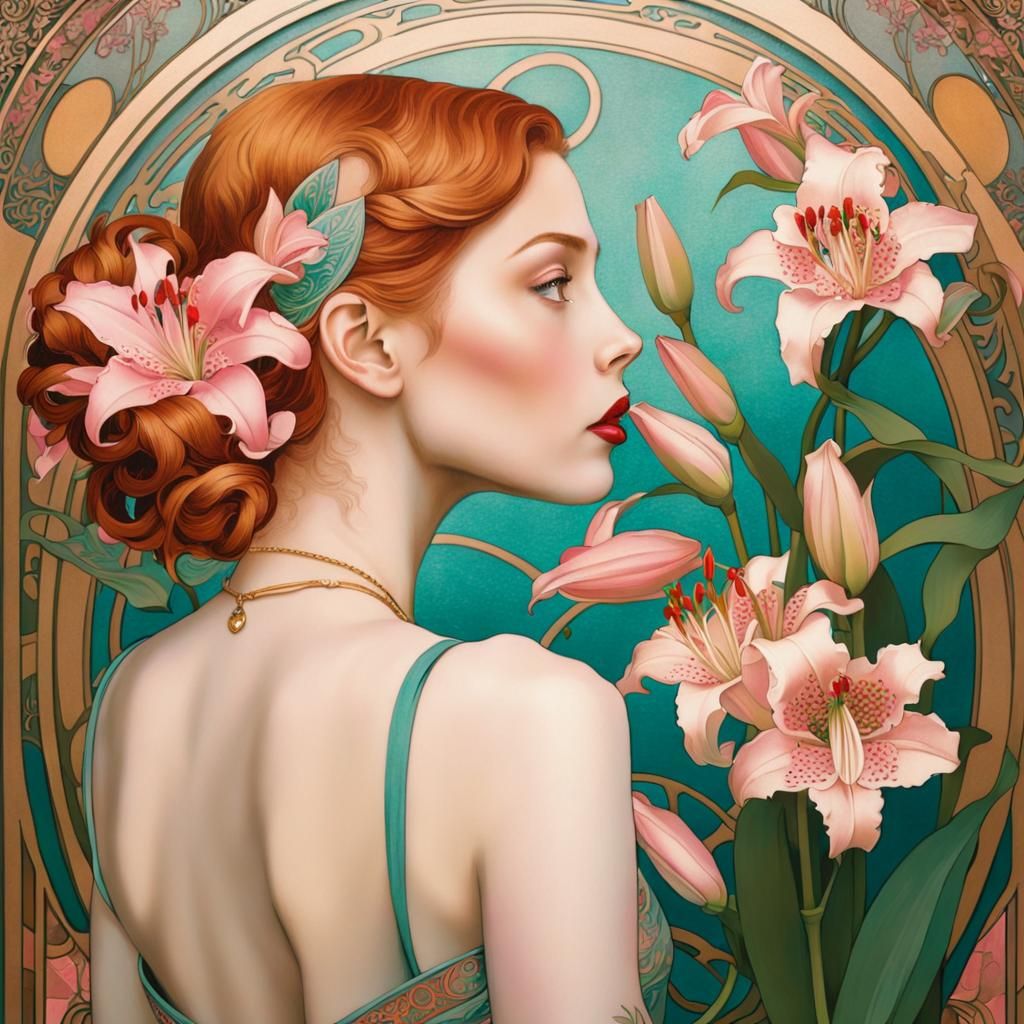 Art Nouveau Woman with Lily Tattoo