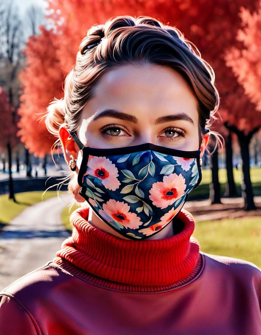French Woman Portrait with Face Mask, Watercolor Style