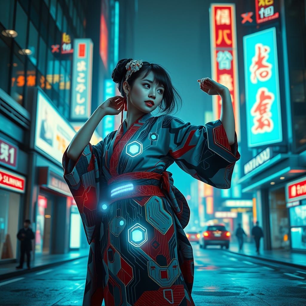 Cyberpunk Kimono: Futuristic Woman in Neon Cityscape