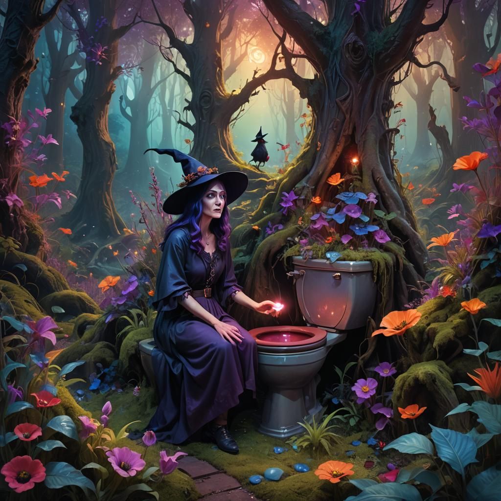 Mystical Witch on Glowing Toilet in Dreamlike Forest
