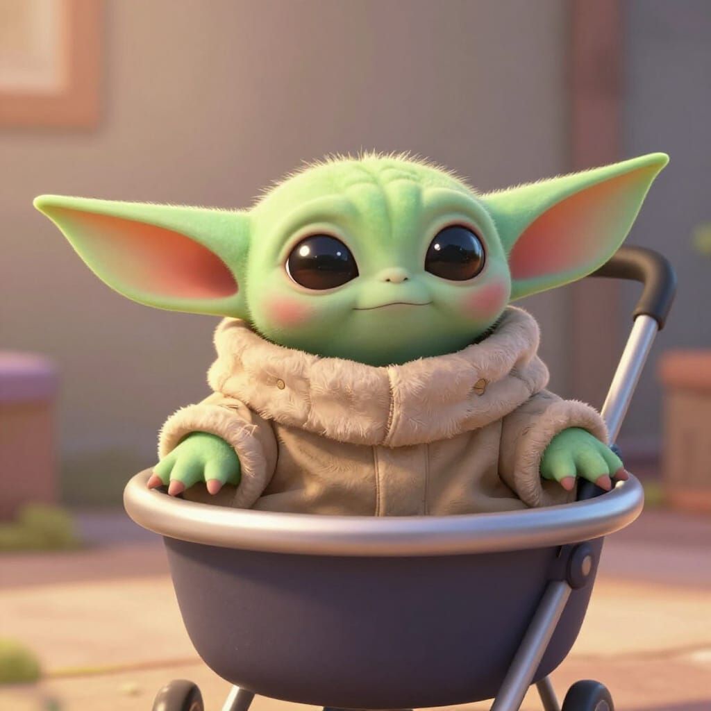 Cute Cartoon Grogu in Floating Pram, Pixar Style